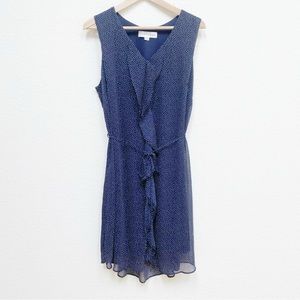 Emma & Michelle Ruffle Front Poka dot Chiffon Dress Navy Belted Navy